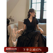 三吉黑花連衣裙子女夏季法式長(cháng)裙2023新款抽褶高端精致今年流行 慵懶黑 現貨 S