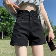 秋水月色伊人彈力黑色牛仔短褲女春夏大碼胖mm外穿排扣收腹超高腰闊腿a字熱褲 黑色 2XL 【125-140斤】