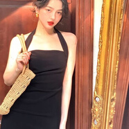 冉藝嵐同款2023掛脖吊帶連衣裙女裝夏季綠色復古裙子收腰顯瘦氣質包臀中 Black黑色/原版質量【收藏秒發(fā)】 S 建議【70-90斤】