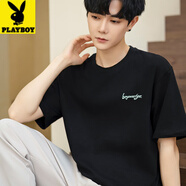 花花公子（PLAYBOY）高檔短袖t恤男士夏季新款重磅純棉半袖休閑上衣寬松美式潮牌體恤 旗艦官方精品】黑色純棉 S 【100-125斤】
