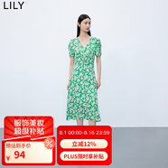 LILY【專柜甄選】秋新款女裝含真絲復(fù)古印花泡泡袖垂感連衣裙 309翠綠 L