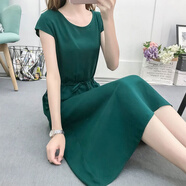 索宛亦（SUOWANYI）夏季新款棉綢連衣裙女中長款短袖顯廋時尚碎花大擺裙人造棉 綠色 有口袋 4XL 建議145-160斤