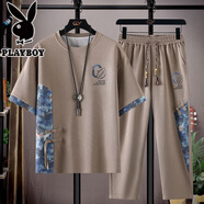 花花公子（PLAYBOY）中國風(fēng)套裝男士夏季休閑運(yùn)動(dòng)長褲短袖t恤新中式國潮流套裝衣服 卡其色短袖+長褲套裝收藏加購優(yōu) 4XL 175-190斤