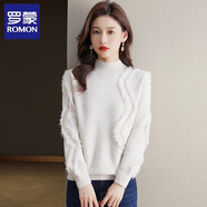 羅蒙（ROMON）針織衫女秋新款小香風(fēng)套頭寬松保暖加厚毛衣女顯瘦喜慶紅色上衣 米白 均碼 (適合80-140斤)