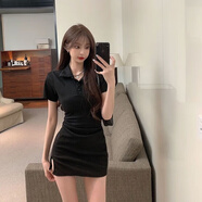 伊琦蕾純欲POLO領(lǐng)連衣裙女2025春秋新款修身顯瘦甜辣妹開叉短裙包臀裙 黑色POLO M _90-105斤
