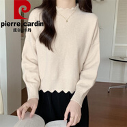 皮爾卡丹（pierre cardin）日系甜美半高領(lǐng)短款毛衣外套女秋冬新款寬松學(xué)院風(fēng)花邊打底針織衫 杏色 S