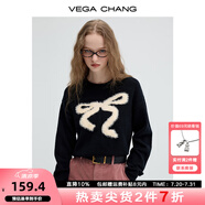 VEGA CHANG毛衣女2025秋冬新款慵懶仿貂毛蝴蝶結(jié)圓領套頭毛針織衫 簡約黑 L