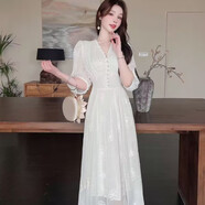 法式刺繡連衣裙2025新款夏季時(shí)尚收腰高級顯瘦氣質(zhì)仙女長(cháng)裙輕奢 灰白色 XL 115-130