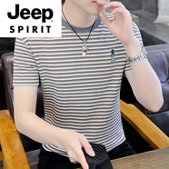 JEEP SPIRIT高檔款2025夏季純棉短袖t恤男士刺繡圓領(lǐng)條紋體恤衫高端夏天上衣 708灰色 3XL 150-165斤