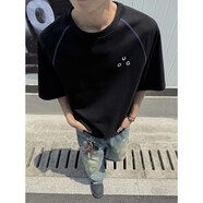 普戈斯美式潮牌t恤短袖男夏季重磅260克透氣寬松情侶裝休閑五分袖上衣潮 黑色 M95至115斤可穿 均碼