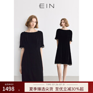 EIN言輕禮服高知感喬絨花邊拼接一字領(lǐng)落肩袖連衣裙2025夏新款 石墨黑 S