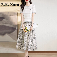Z.R.Zoro奢侈品連衣裙女2025夏季新款小香風(fēng)圓領(lǐng)冰絲針織衫碎花半裙套裝女 米白 M