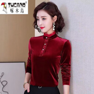 啄木鳥(niǎo)金絲絨打底衫女加絨加厚立領(lǐng)長(cháng)袖T恤百搭修身半高領(lǐng)媽m媽內搭上衣 酒紅色金絲絨 2XL 建議125-140斤