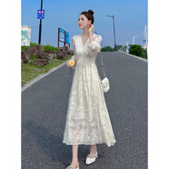 恒源祥媽媽裝白色刺繡V領(lǐng)蕾絲連衣裙女中長(cháng)款2025夏新款法式顯瘦溫柔風(fēng) 白色 S