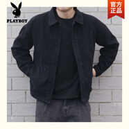 花花公子（PLAYBOY）春秋季黑色牛仔外套男韓版潮流簡(jiǎn)約學(xué)生百搭寬松夾克青年牛仔褂子 黑色E103工裝牛仔外套高質(zhì)量 L