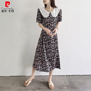 皮爾卡丹（pierre cardin）蕾絲娃娃領(lǐng)棉綢碎花連衣裙女夏2025獨(dú)特絕美人造棉掐腰顯瘦長(zhǎng)裙子 粉白小花 3XL 適合90-115斤