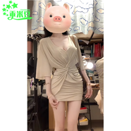 乖米豆微胖mm純欲辣妹風(fēng)V領(lǐng)短袖連衣裙女夏季新款收腰褶皺彈力包臀短裙 卡其連衣裙 M 90-105斤