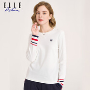 ELLE ACTIVE時(shí)尚百搭圓領(lǐng)純棉長(cháng)袖T恤女袖口撞色柔軟上衣打底衫女 白色 L