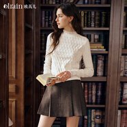 Olrain歐芮兒荷葉邊鏤空織花毛針織套頭衫女秋季新款長(cháng)袖上衣 白色 S