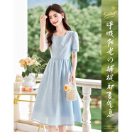 似水年華 2025夏日小清新時(shí)尚連衣裙 穿搭肌理感印花顯瘦裙子 藍色 XL