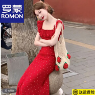 羅蒙（ROMON）法式2025荷葉夏季氣質(zhì)連衣裙波點(diǎn)小花吊帶新款度假方領(lǐng)長(zhǎng)裙裙子 紅色波點(diǎn)連衣裙 S