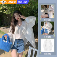 JIOESC防曬襯衫女夏季白色襯衫冰絲襯衣女士洋氣高級感法式寬松長(cháng)袖外套 白色冰絲襯衫 M 碼【建議90-100斤】