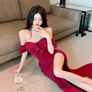 妙奕嘉法式連衣裙女夏季新款紅色成人禮服裙子女士純欲氣質高級顯瘦長裙 紅色一字肩荷葉邊氣質包臀長裙 L 【建議95-115斤】