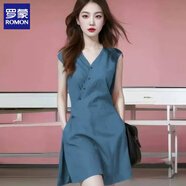 羅蒙（ROMON）紫色V領(lǐng)收腰無(wú)袖連衣裙夏天女2025新款時(shí)尚氣質(zhì)簡(jiǎn)約冷淡系開(kāi)叉裙 藍(lán)色 M 【建議80-105斤】