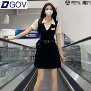 DGOV美式翻領(lǐng)氣質(zhì)短袖連衣裙女夏季寬松寬松收腰顯瘦學(xué)院風(fēng)辣妹A裙子 拼色/短裙【配腰帶】 L 100-119斤