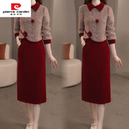 皮爾卡丹（pierre cardin）高端百搭秋冬時(shí)尚顯瘦洋氣上衣休閑氣質(zhì)小香風(fēng)感半身裙兩件套 紅色上衣紅色半身裙套裝 2XL 建議130-145斤