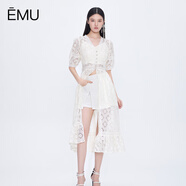 依妙依妙波西米亞鏤空蕾絲短袖罩衫裙女夏外搭中長(cháng)款開(kāi)衫含內搭 杏色 S