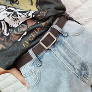 竇馳女士免打孔皮帶女簡(jiǎn)約百搭韓版學(xué)生牛仔褲配裙子腰帶細褲帶裝飾 方扣無(wú)孔咖啡 （長(cháng)100cm) 2.3cm 寬