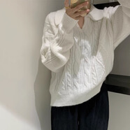 MEOD法式復(fù)古藍(lán)色麻花針織衫翻領(lǐng)毛衣女秋冬季寬松外穿慵懶風(fēng)套頭上衣 白色白色 白色白色 S