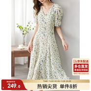 尚都比拉夏季法式碎花連衣裙泡泡袖茶歇裙氣質(zhì)女神范裙子 杏底藍花 M 