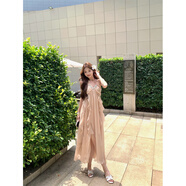 MOKITOUL國際高級感重工鑲鉆掛頸洋裝女海邊度假風(fēng)裙子荷葉邊寬松雪紡a字 釘鉆洋裝 S