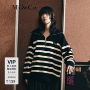 MO&Co.【美麗諾羊毛】 原創(chuàng)LOGO條紋毛衣翻領上衣女拉鏈毛衣針織衫 黑白條色-第2批 S 160