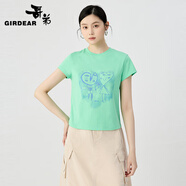哥弟（GIRDEAR）女裝2025春夏新款綻放系列玫瑰花圖案純棉薄款短袖T恤女1300996 一見(jiàn)傾心-薄荷綠 S (2碼)