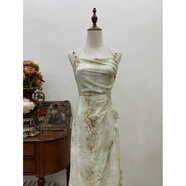 ANTCITY 202025夏季新中式國風(fēng)復古吊帶連衣裙碎花收腰顯瘦 竹霧森林：吊帶裙 S