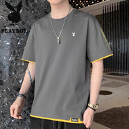 花花公子（PLAYBOY）純棉短袖恤男夏季薄款品牌寬松體恤男款夏天半袖上衣潮 DT102 深灰(單件裝) M (90-105斤)