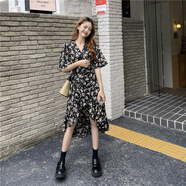 碎花連衣裙中長(cháng)款女裝2025夏季不規則短袖裙子收腰顯瘦設計感 花色 XL