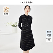 娜爾思（NAERSI）綿羊毛半高領(lǐng)毛針織拼接薄呢連衣裙女秋冬新款 黑色 38/M
