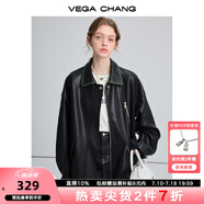VEGA CHANG黑色皮衣女2025春秋寬松顯瘦機(jī)車風(fēng)pu皮短外套 松綠黑 M