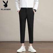 花花公子（PLAYBOY）高端夏季薄款小西褲男士垂冰絲九分褲男直筒修身休閑西裝褲長(cháng)褲 TP-CY96 黑色【九分褲】 27