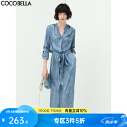 COCOBELLA渲染牛仔色印花襯衫裙女秋絲滑緞面通勤連衣裙FR922 藍色 L