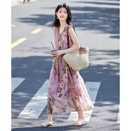 尚靜法式浪漫印花裙25年夏新輕薄假日絕美系帶顯瘦連衣裙