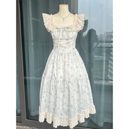 翱?jì)?yōu)櫻織花翎連衣裙 夏裝新款日系軟妹可愛(ài)甜美小飛袖溫柔碎花收腰 晴空藍中長(cháng)款連衣裙 S