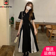 AEMAPE中式連衣裙女2025夏季新款復(fù)古拼接法式氣質(zhì)感中長款裙子女裝 小黑裙 M
