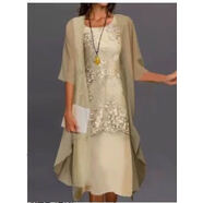 歐美熱賣(mài)獨立站亞馬遜Wish爆款春秋時(shí)尚優(yōu)雅蕾絲雪紡連衣裙兩件套 黃色 M