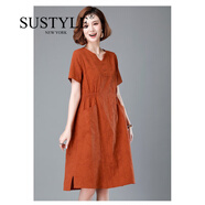 SUSTYLE奢侈高端品牌女裝高檔純棉連衣裙夏季寬松氣質(zhì)顯瘦大碼媽媽休閑裙 橘紅色 L 95-115斤左右