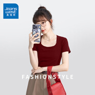 真維斯（JEANSWEST）黑色方領(lǐng)短袖t恤2025夏季新款薄款短修身顯瘦低領(lǐng)露鎖骨體恤上衣 酒紅 純色 S